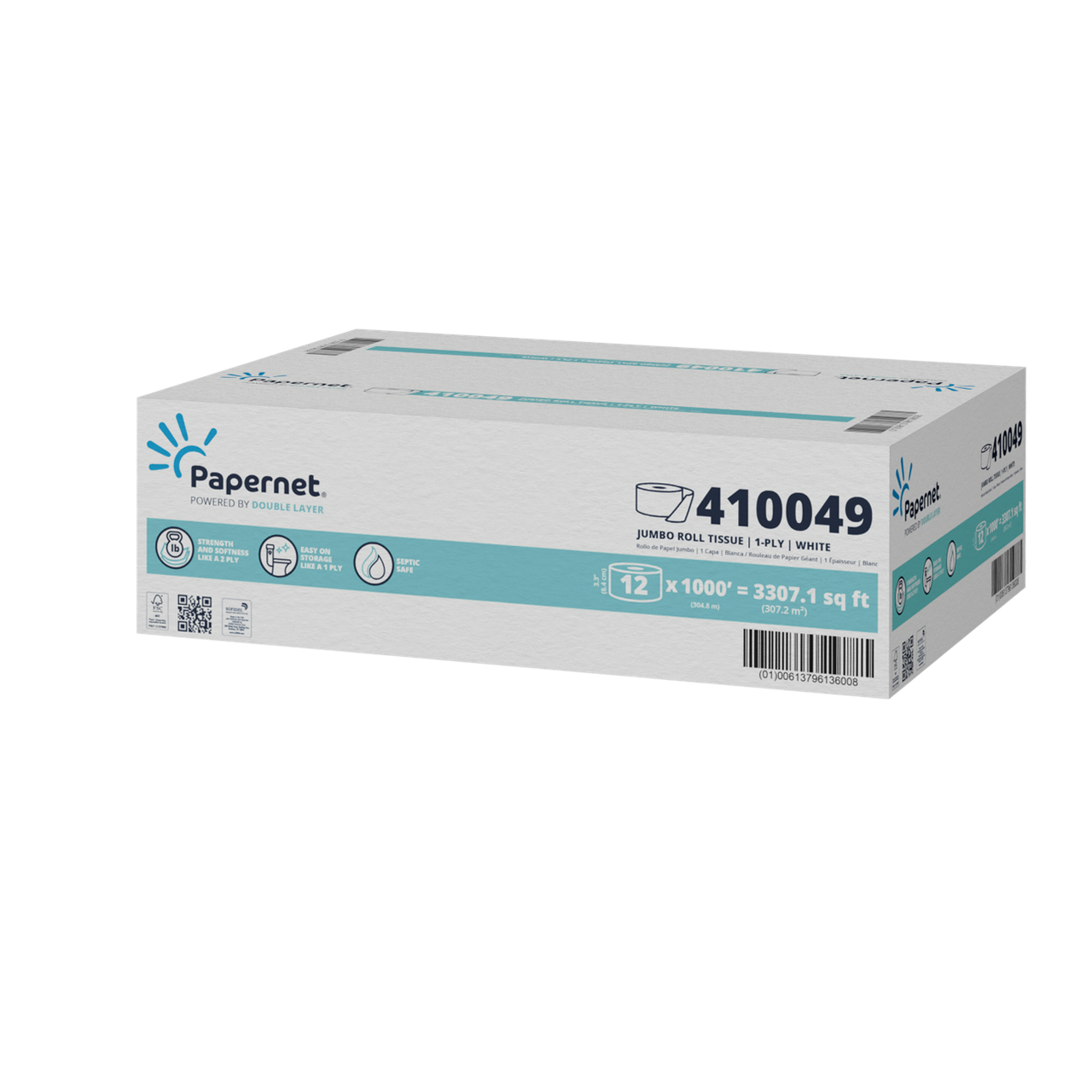 Papernet Double Layer Toilet Paper & Tissue Roll 1PLY White Embossed 8.98IN Roll 3.31IN Core Diameter 12 Rolls/Case