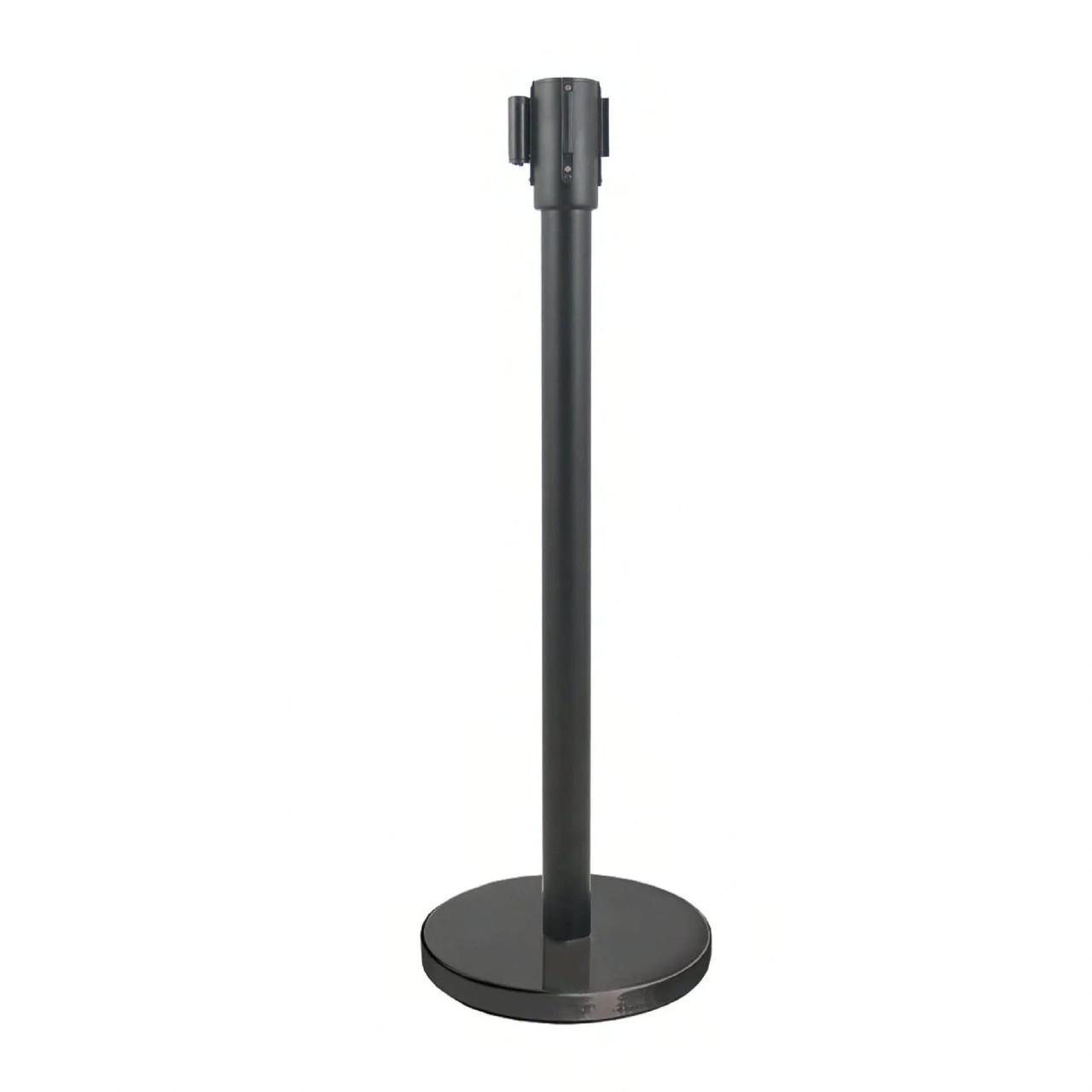 Retractable Belt Stanchion 36 IN Black Cast Iron Includes Post & Base 6.5 FT Retractable Belt 1/Each