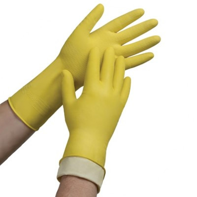 Gloves Medium (MED) Yellow Rubber Latex Disposable Flock Lined 1/Pair