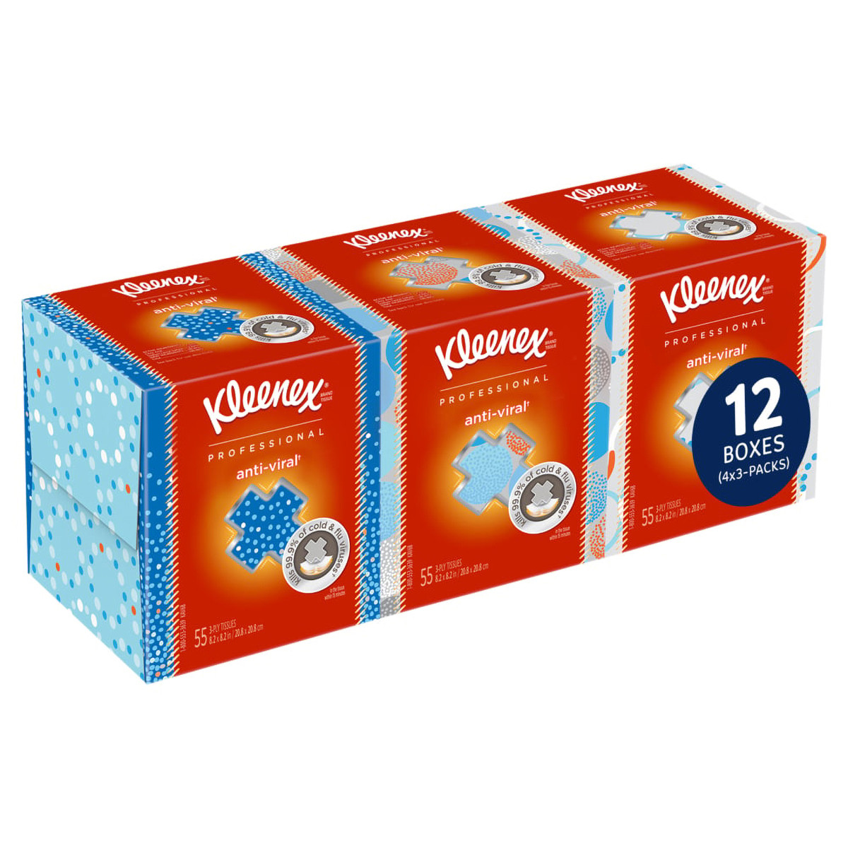 Kleenex® Anti-Viral Facial Tissue 8.2X8.2 IN 3PLY White Boutique 3-Pack Bundle 55 Sheets/Pack 12 Packs/Case