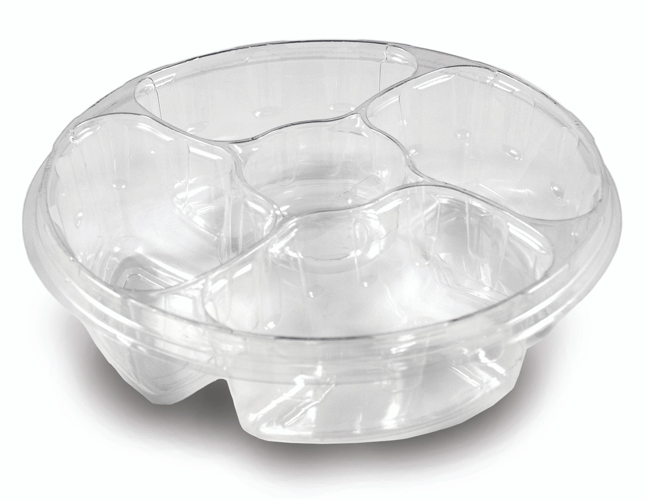 Tray 10.25 IN 64 OZ 5 Compartment PET Clear Round Juice Catcher With DC and Ring Lid 100/Case