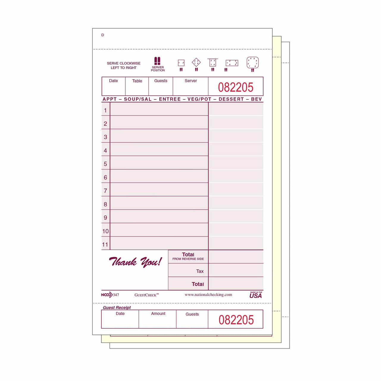 Guest Check 4.25X7.25 IN Paper Medium-Wide 3-Part Carbonless Booked 2000/Case