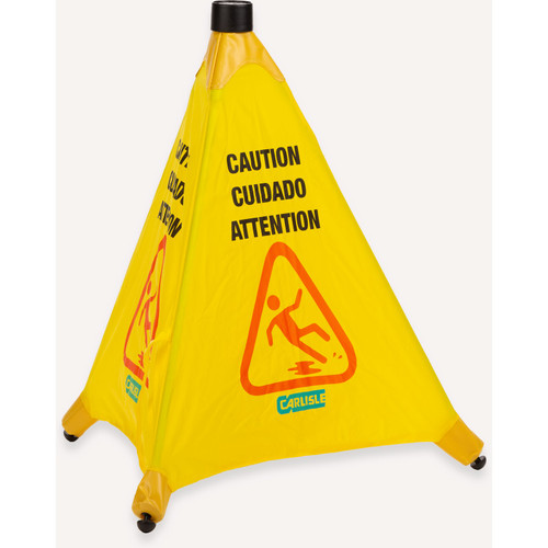 Carlisle Foodservice Products® Wet Floor Sign 20 IN Yellow Black Cone Nylon Trilingual 1/Each