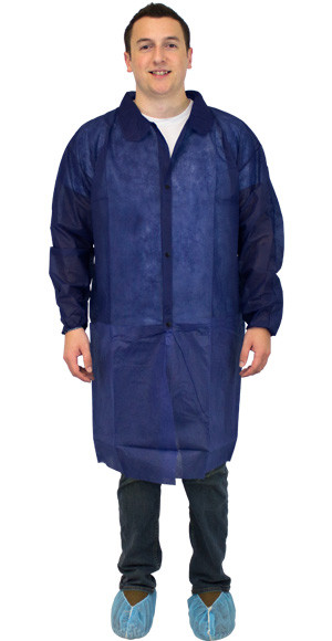 Lab Coat Large (LG) Blue Spunbond Polypropylene Disposable Elastic Wrists No Pockets 30/Case