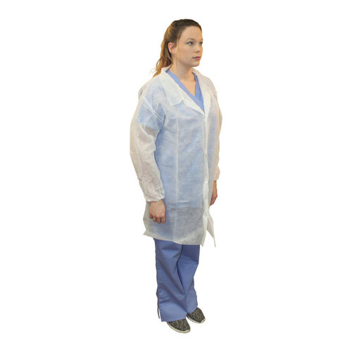 PolyLite® Lab Coat Large (LG) White PP No Pockets Elastic Wrists Snap Front 30/Case