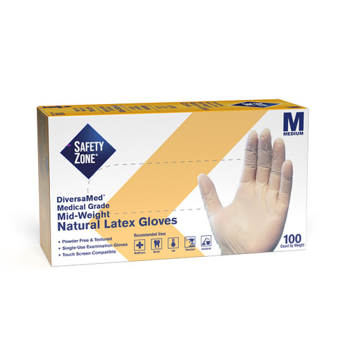 Examination Gloves Medium (MED) Natural Polymer Coated Latex Disposable Powder-Free 100/Box