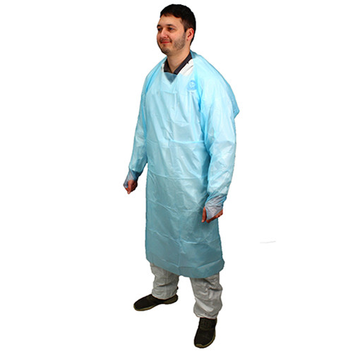 Apron 45 IN Blue 4MIL Chlorinated Polyethylene (CPE) Thumb Hole Sleeves Long Sleeve 100/Case