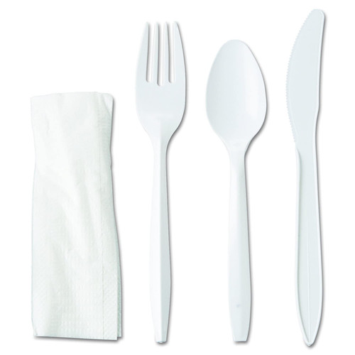 4PC Cutlery Kit PP White Medium Weight With Napkin,Fork,Knife,Teaspoon 250/Case