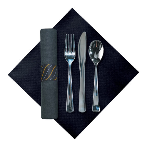 CaterWrap® Cutlery Kit Tissue Paper Plastic Black Individually Wrapped 100/Case