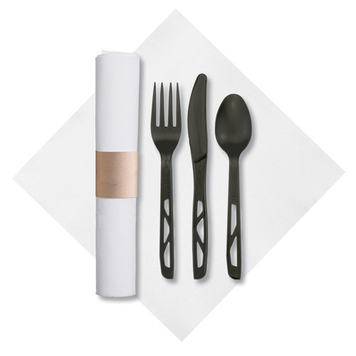 CaterWrap® 4PC Cutlery Kit Black Individually Wrapped With White Napkin,Fork,Knife,Spoon 50/Case