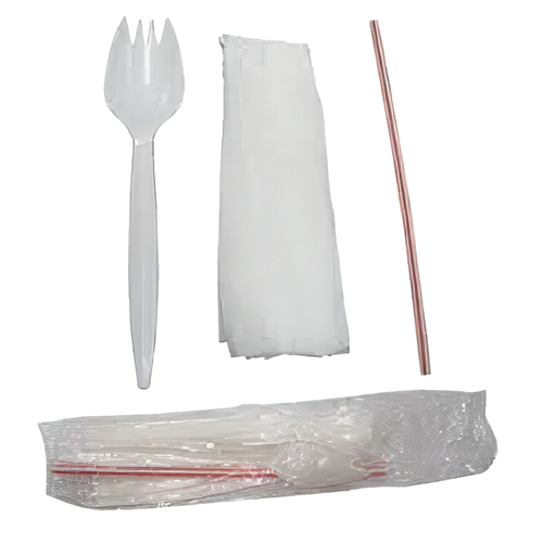 3PC Cutlery Kit PP White With Napkin,Spork,Straw 1000/Case