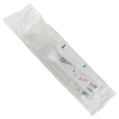 5PC Cutlery Kit White Medium Weight With 2PLY Napkin,Fork,Salt & Pepper,Sugar 250/Case