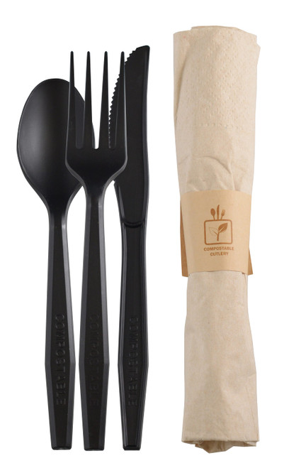 4PC Cutlery Kit CPLA Black With Napkin,Fork,Knife,Spoon 100/Case