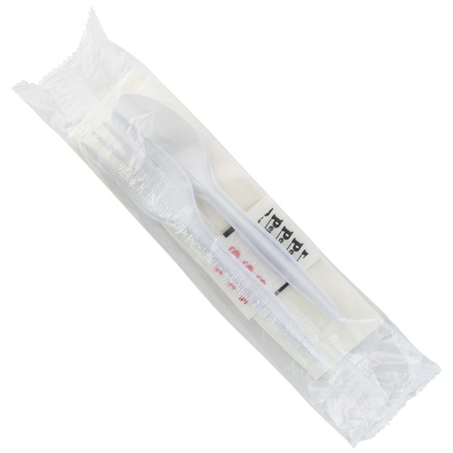 5PC Cutlery Kit PP White Medium Weight With 13X17 Napkin,Fork,Salt & Pepper,Spoon 250/Case