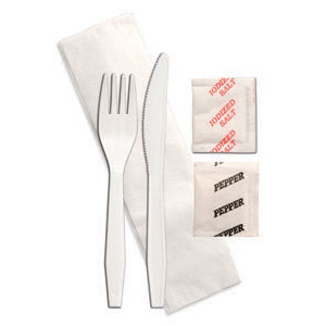 WNA 5PC Cutlery Kit White Medium Weight With Napkin,Fork,Knife,Salt & Pepper 250/Case