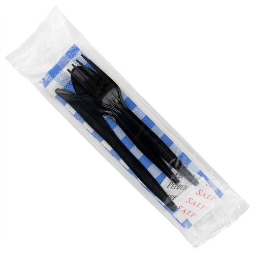 6PC Cutlery Kit PP Black Heavy Duty With Blue Gingham 2PLY Napkin,Fork,Knife,Salt & Pepper,Spoon 250/Case