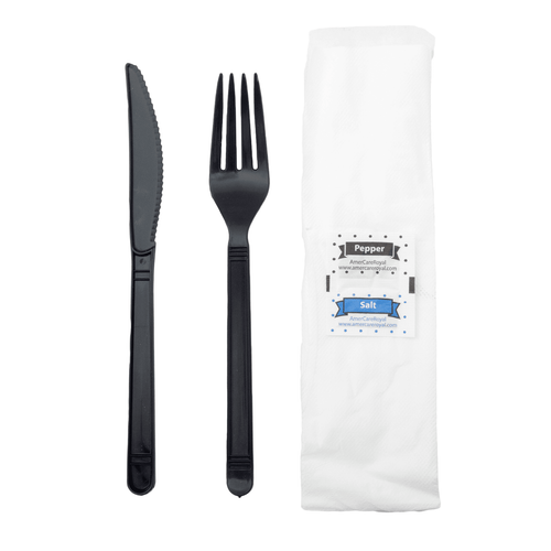 5PC Cutlery Kit PP Black Heavyweight With 2PLY 13X17 Napkin,Fork,Knife,Salt & Pepper 500 Count/Case