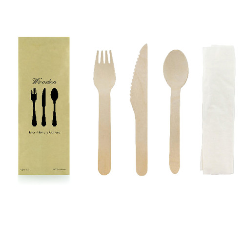 Cutlery Kit 6.2 IN Wood Natural Oven Safe With Napkin,Knife,Fork,Spoon 50 Count/Pack 5 Packs/Case 250 Count/Case