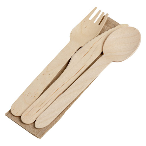 PrimeWare® 4PC Cutlery Kit Wood Individually Wrapped With Kraft 13X13 Napkin,Fork,Knife,Spoon 250 Count/Case