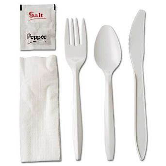5PC Cutlery Kit PP With Napkin,Fork,Knife,Teaspoon,Salt & Pepper 250/Case