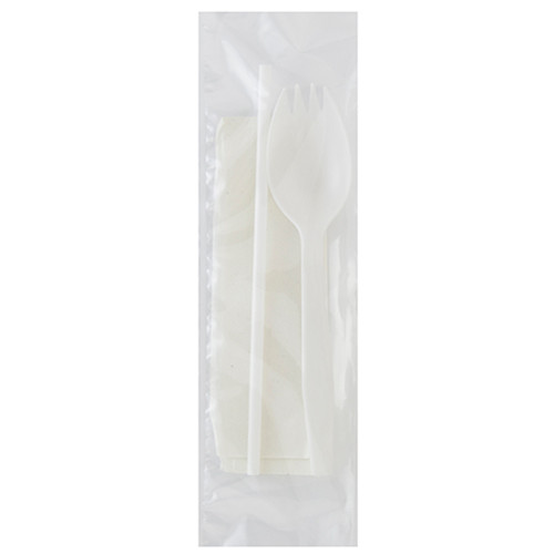 3PC Cutlery Kit PP White Medium Weight With 8X10 Napkin,Spork,Straw 1000/Case