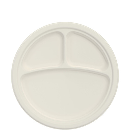 Solo® Plate 10.2X10.2X0.8 IN 3 Compartment Sugarcane White Round 125 Count/Pack 4 Packs/Case 500 Count/Case