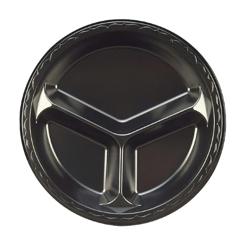 Plate 10.25 IN 3 Compartment Polystyrene Foam Black Round Laminated 500/Case
