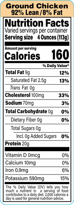 Ground Chicken 92% Lean/8% Fat Meat Nutritional Label 1.5X4.125 IN Tan Black UV 1000 Count/Roll 12 Rolls/Case