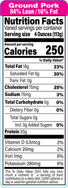 Ground Pork 84% Lean/16% Fat Meat Nutritional Label 1.5X4.125 IN Pink Black UV 1000 Count/Roll 12 Rolls/Case
