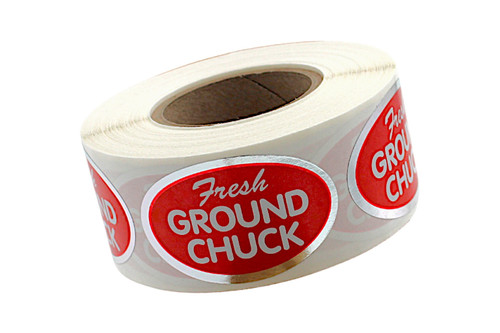 Fresh Ground Chuck Meat Label 1.25X2 IN Silver White Red Oval 500 Count/Roll 20 Rolls/Case 10000 Count/Case