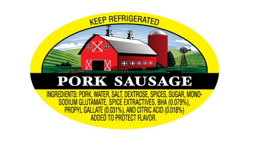 Pork Sausage With Witts Ingredients Meat Ingredient Label 1.25X2 IN Oval 4 Color Process 500 Count/Roll 20 Rolls/Case