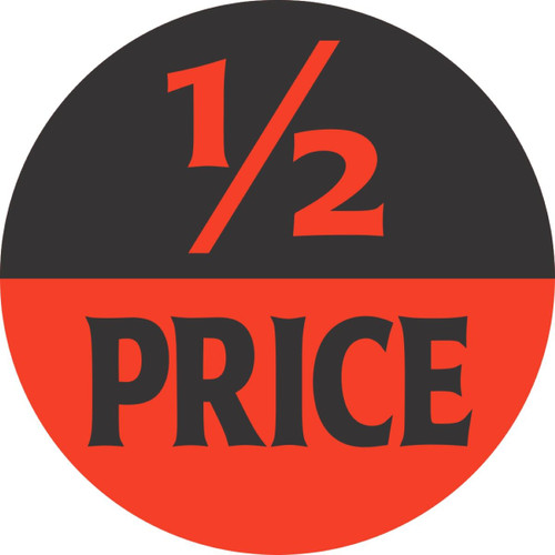 1/2 Price Promo Label 1.5 IN Black Fluorescent Red Circle 1000 Count/Roll 50 Rolls/Case 50000 Count/Case