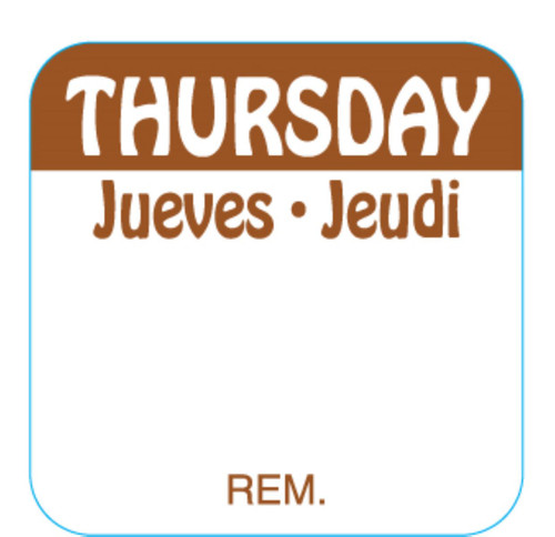 Thursday DOW Food Safety Label 1X1 IN Brown Square Trilingual Regular Removable 1000 Count/Roll 50 Rolls/Case