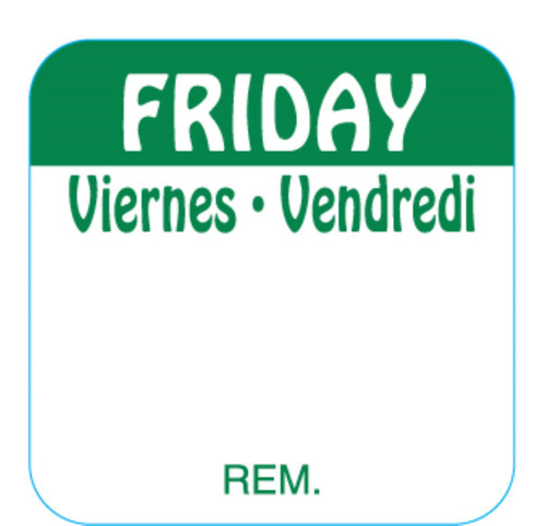 Friday DOW Food Safety Label 1X1 IN Green Square Trilingual Regular Removable 1000 Count/Roll 50 Rolls/Case