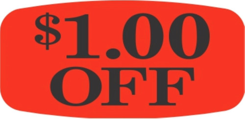 $1.00 Off Price Label 0.625X1.25 IN Black Fluorescent Red Short Oval 1000 Count/Roll 50 Rolls/Case 50000 Count/Case
