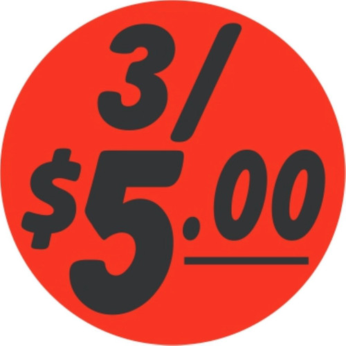 3/$5.00 Price Label 1.25 IN Black Fluorescent Red Circle 1000 Count/Roll 50 Rolls/Case 50000 Count/Case