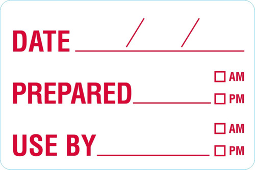 Date/Prepared/Use/Time Expiration Food Safety Label 2X3 IN Red Dissolvable 250 Count/Roll 15 Rolls/Case 3750 Count/Case