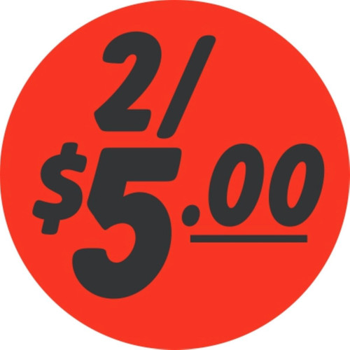 2/$5.00 Price Label 1.5 IN Black Fluorescent Red Circle 1000 Count/Roll 50 Rolls/Case 50000 Count/Case
