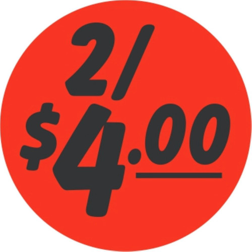 2/$4.00 Price Label 1.25 IN Black Fluorescent Red Circle 1000 Count/Roll 50 Rolls/Case 50000 Count/Case