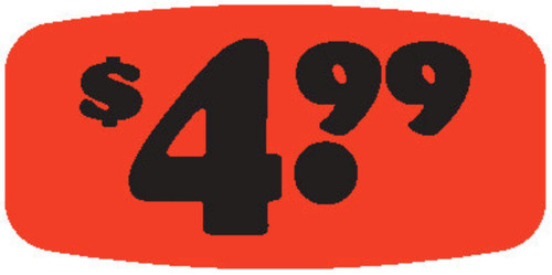 4.99 Price Label Black Fluorescent Red Short Oval Dayglo 1000 Count/Roll 50 Rolls/Case 50000 Count/Case