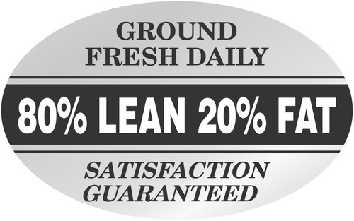 Ground Fresh 80% Lean 20% Fat Meat Grinds Label 1.25X2 IN White Black Silver Oval Foil 500 Count/Roll 20 Rolls/Case