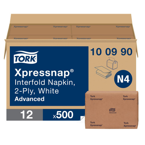 Tork Xpressnap® Dispenser Napkins 8.5X6.5 IN White Paper 2PLY Interfold Refill Embossed 500 Count/Pack 12 Packs/Case