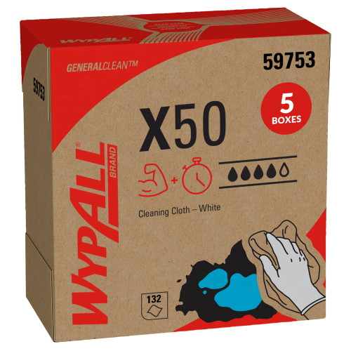 WypAll® X50 Cleaning Cloth 9.1X12.5 IN HydroKnit White Pop-Up Box 132 Count/Box 5 Box/Case