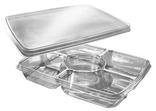 Serving Tray Base & Lid Combo 14X11X2.25 IN 4 Compartment PET Clear With Dip Cup 60/Case