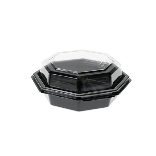 Take-Out Container Hinged With Dome Lid 6.5X6.5X2.625 IN RPET Black Clear Octagon 150/Case