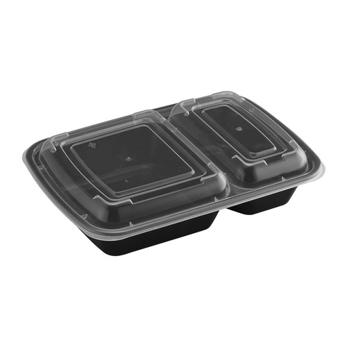 Take-Out Container Base & Lid Combo 32 OZ 2 Compartment Black Rectangle Microwave Safe 150/Case