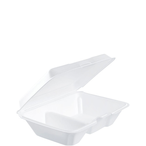 Dart® Take-Out Container Hinged 9.25X6.42X2.9 IN 2 Compartment XPS White Insulated Convertible 100 Count/Pack 2 Packs/Case
