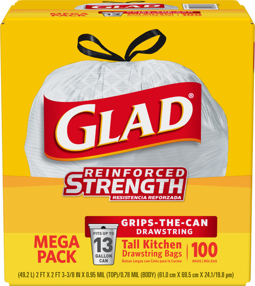 Glad® Kitchen Bag 13 GAL White Plastic With Drawstring Closure Tall 100 Count/Pack 4 Packs/Case 400 Count/Case