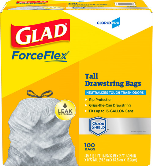 Glad® ForceFlex Can Liner 13 GAL White Plastic With Drawstring Closure Tall Kitchen 100/Case