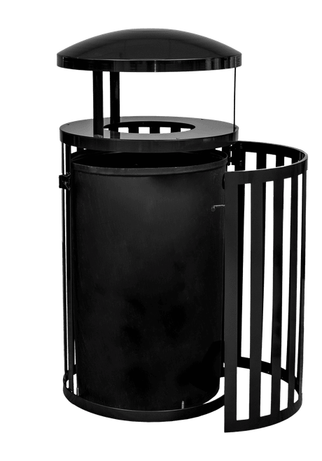 Streetscape Collection Trash Can 45 GAL Black Gloss Steel With Door & Canopy 1/Each
